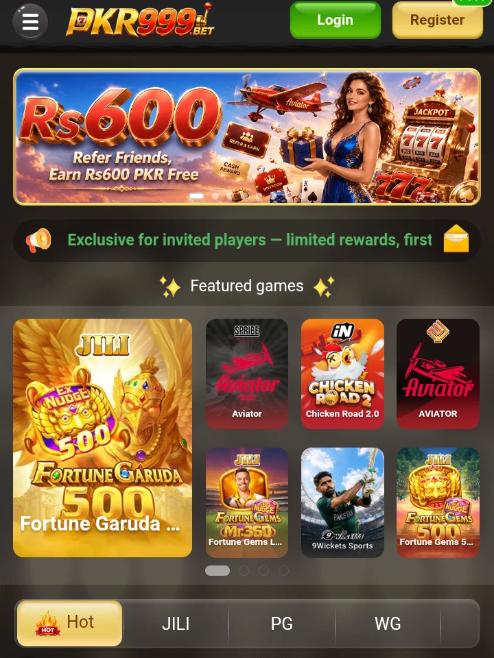 PKR999 mobile gaming app interface